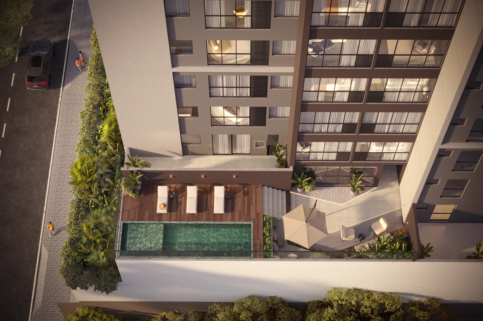O Liv Essenza oferece estúdios de 25 m², apartamentos gardens de 73 a 100 m² e unidades com suíte e mais um quarto, entre 58 e 63 m²